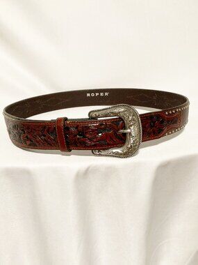 Roper Hand-Tooled Leather Belt Floral Design Silver Buckle Size 38 NWOT